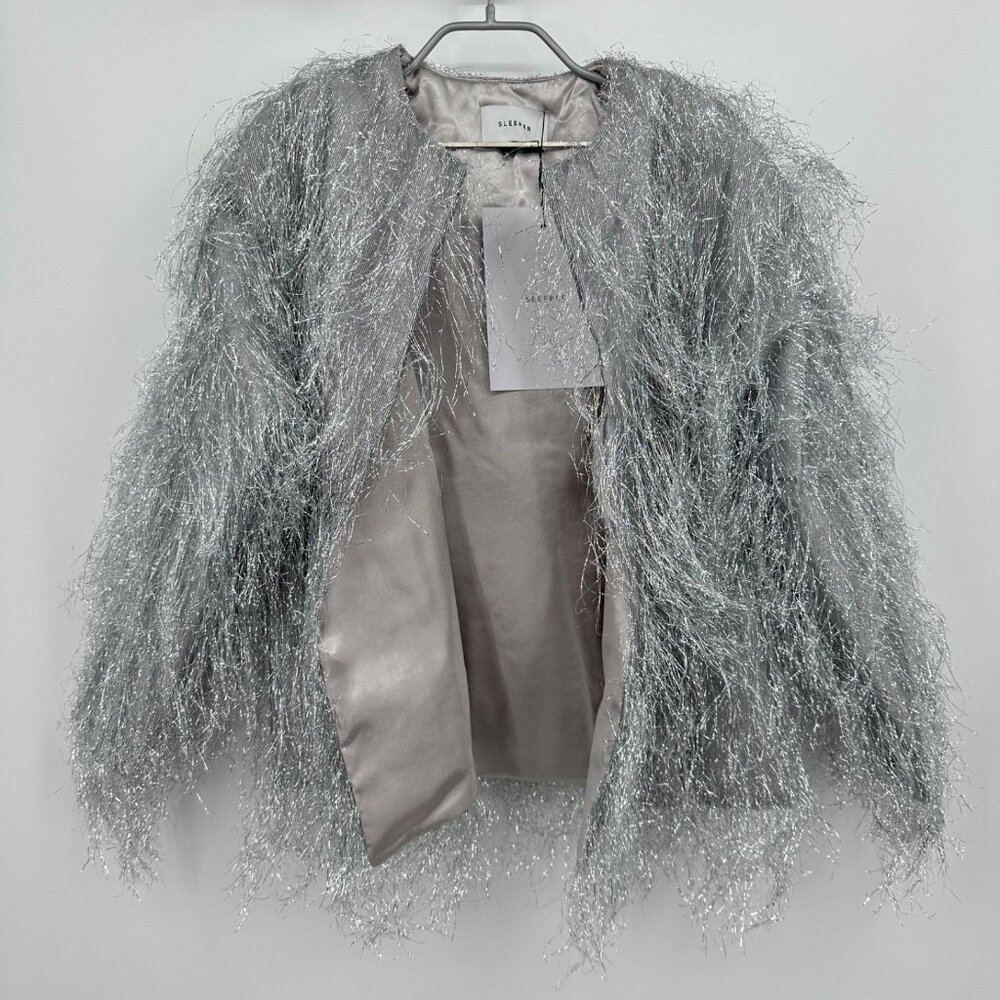 Sleeper Silver Disco Metallic Fringe Jacket sz XXS-XS Magnetic Closure Oversized